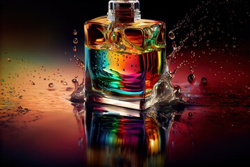 a colorful bottle of liquid with a splash of water on it's surface and a reflection of the bottle. Generative AI