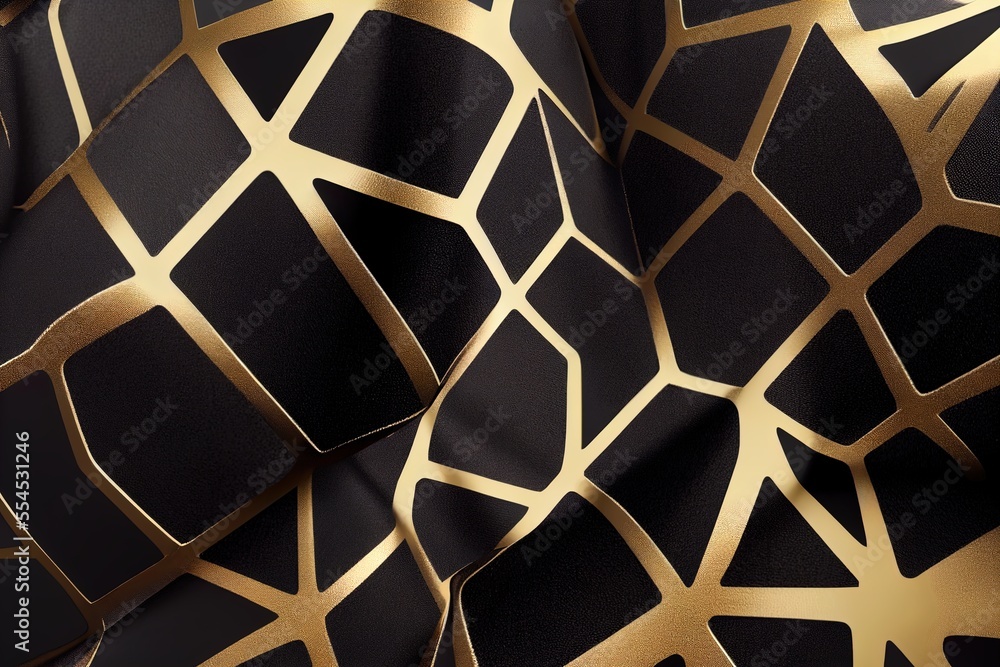 Poster a black and gold wallpaper with a pattern of squares and lines on it's surface. generative ai