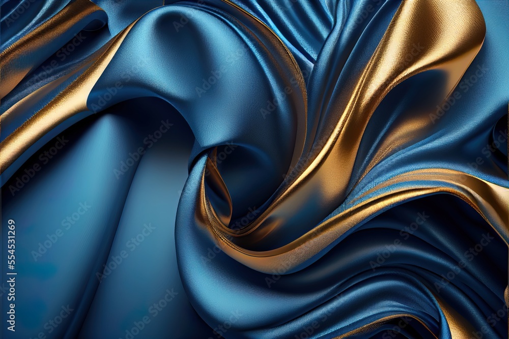 Poster a blue and gold background with a wavy design on it's surface. generative ai