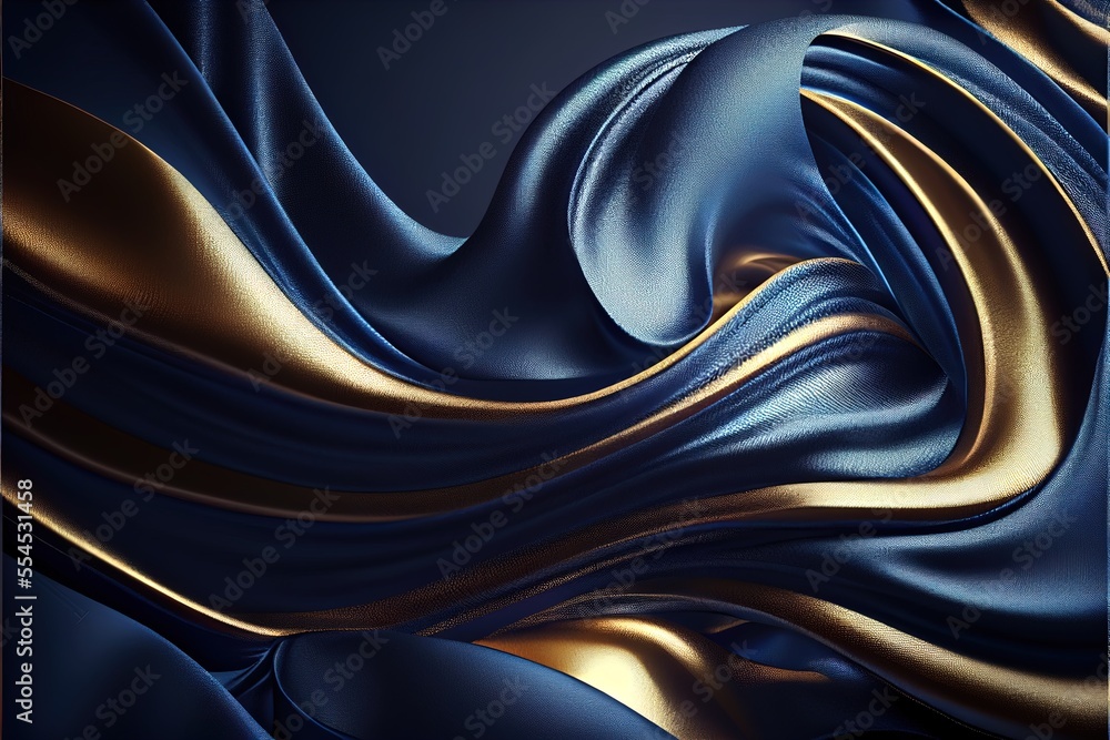 Poster a blue and gold background with wavy lines and curves of fabric on it's sides and the top of the ima