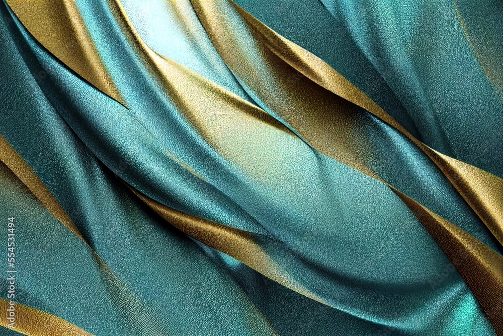 Poster a close up of a blue and gold fabric with wavy lines on it's side and a gold stripe on the bottom of