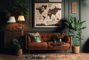 Modern vintage interior design, velvet sofa, carpet on the floor, brown wooden furniture, plants, poster mock up map, book, lamp, and personal items in home decor are all included in this stylish livi