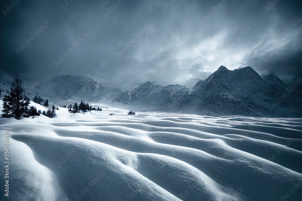 Poster a snowy landscape with mountains and trees in the background and a cloudy sky above it with a few cl