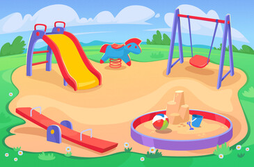 Playground in a park in summer with no kids. Playing equipment outside kindergarten or school: seesaw, sandbox, swing, slide — cartoon background. Vector illustration of a play area for children.