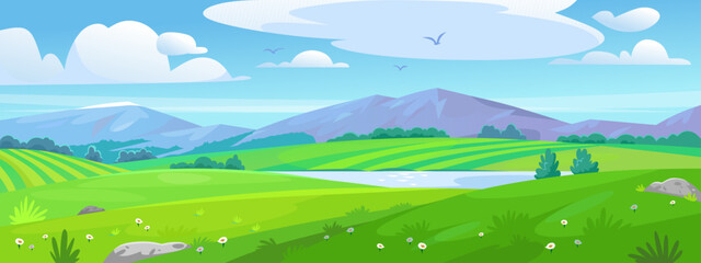 Fototapeta na wymiar Beautiful background with mountains, a green valley with a lake, and meadows. Landscape view of a nature scene: big mountain, trees on the hills, fields and blue sky. Cartoon style vector illustration
