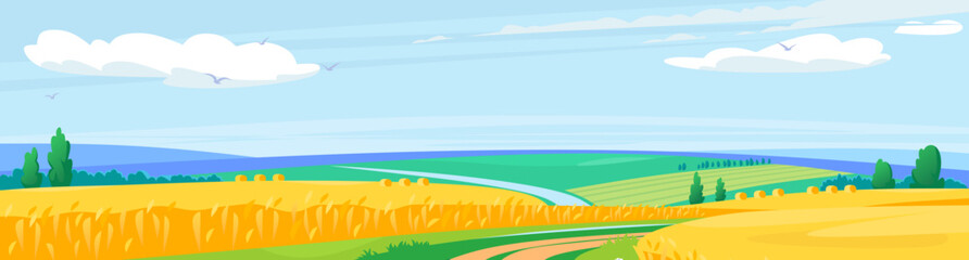 Obraz premium Landscape view of a wheat field. The crop of a golden color. The countryside in summer before harvest. Rural scenery with organic grain cultivation. Cartoon farmland vector background illustration.