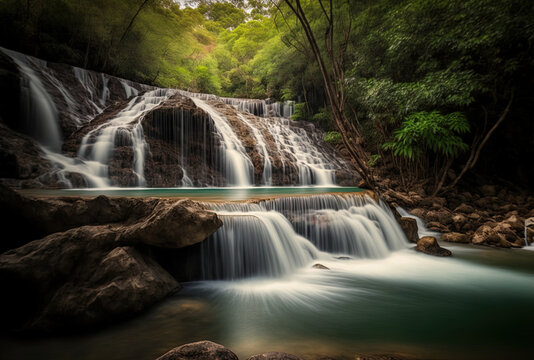 Waterfall at Saraburi, Thailand's Namtok Samlan National Park. Generative AI