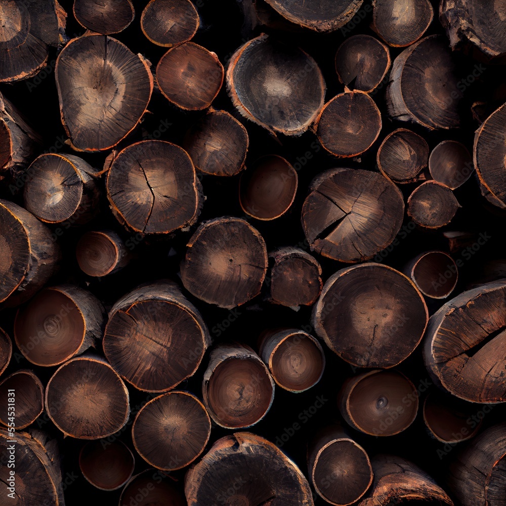 Poster a pile of cut logs stacked on top of each other in a pile with a black background and a black backgr