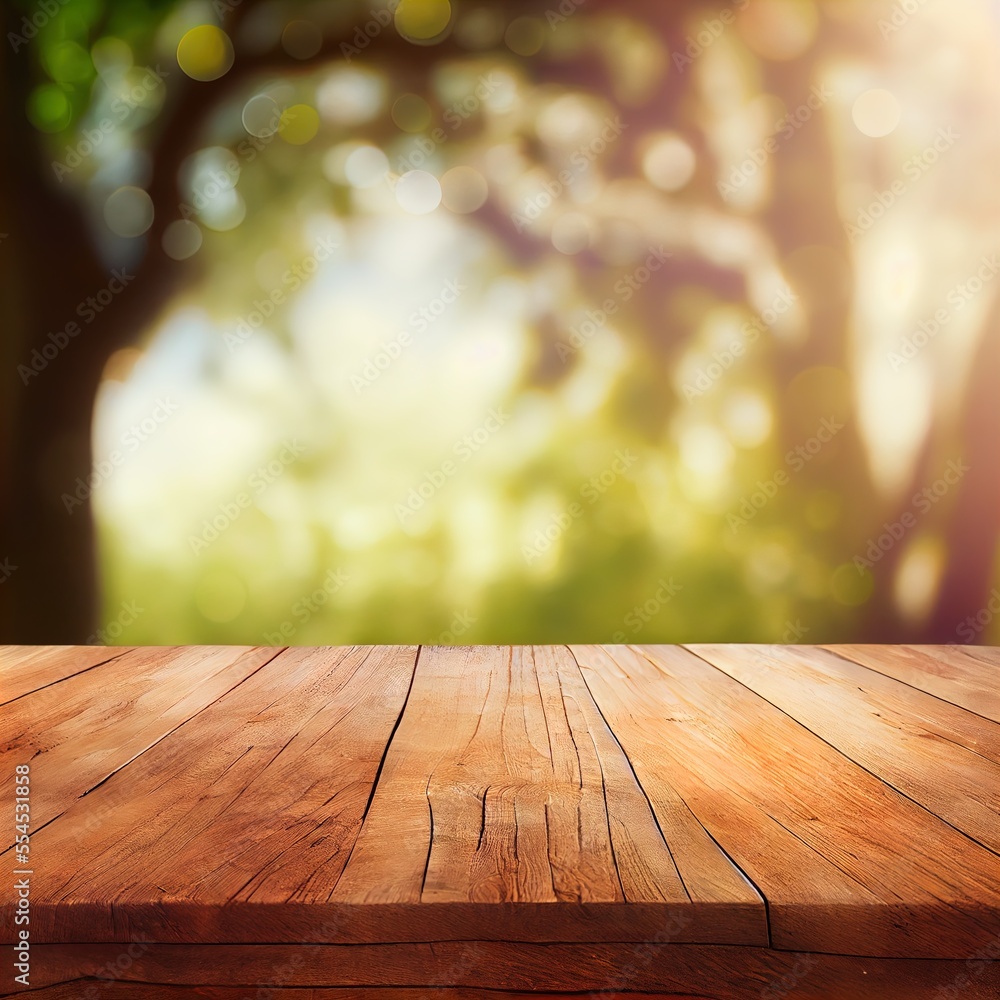 Aufkleber a wooden table top with a blurry background of trees in the background. generative ai