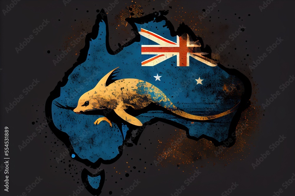 Poster a picture of a kangaroo on a map of australia with a flag of australia on it's back. generative ai