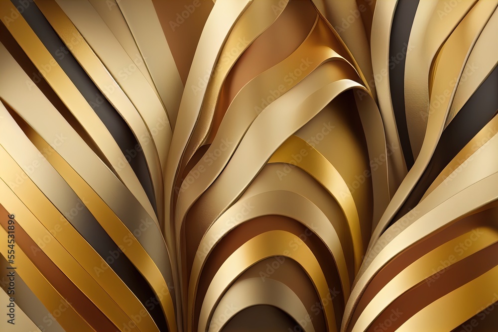 Poster a gold and black abstract background with wavy lines and curves of varying sizes and colors. generat