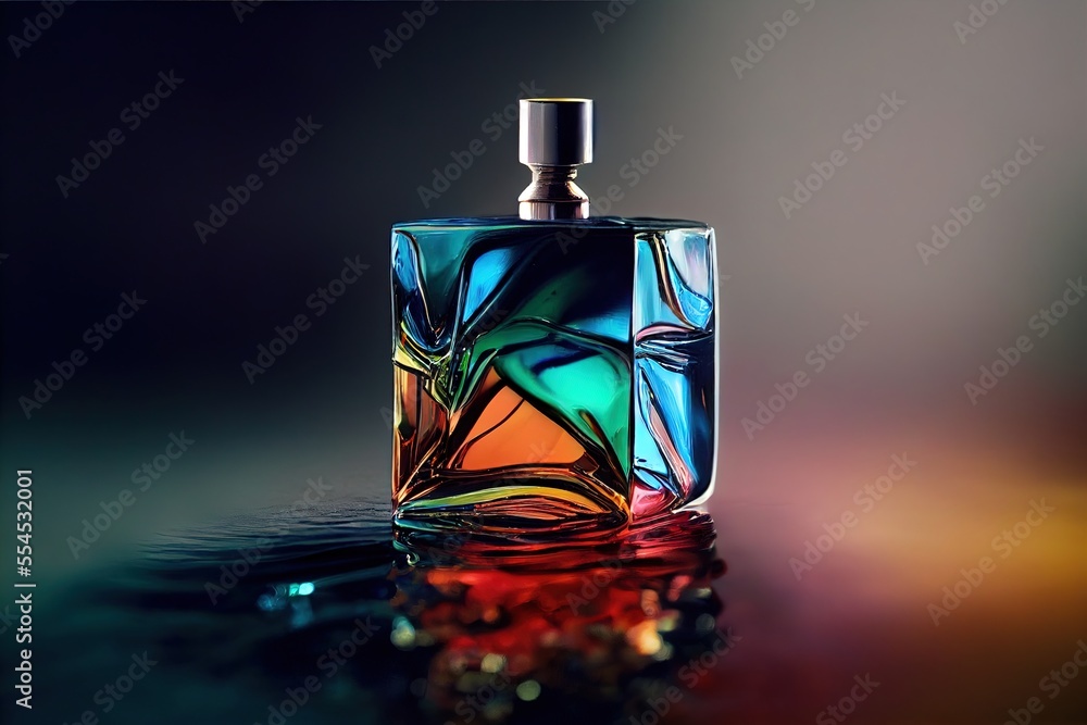 Poster a colorful glass bottle with a silver top on a table top with a reflection of the bottle on the surf