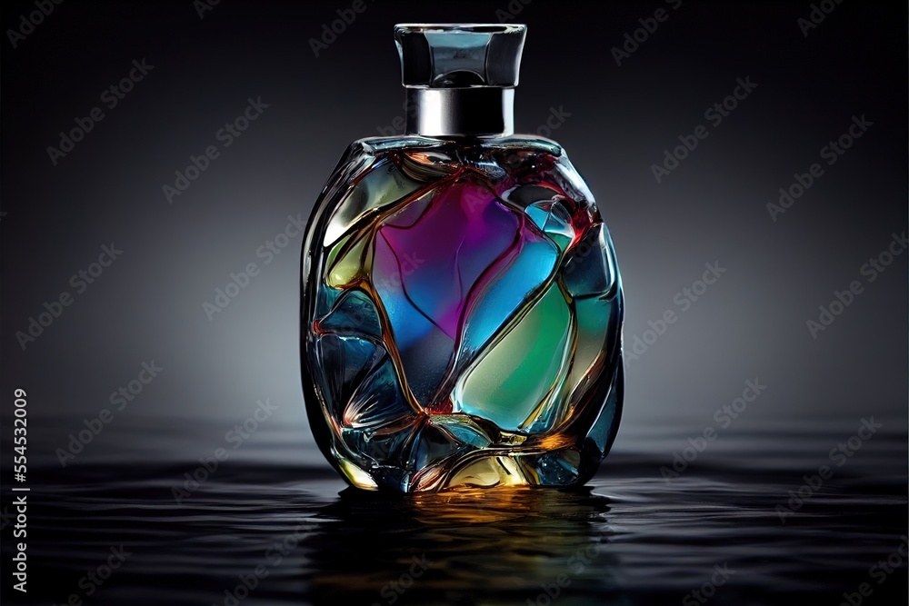 Poster a colorful glass bottle with a black top on a table with a black background and a reflection of the 