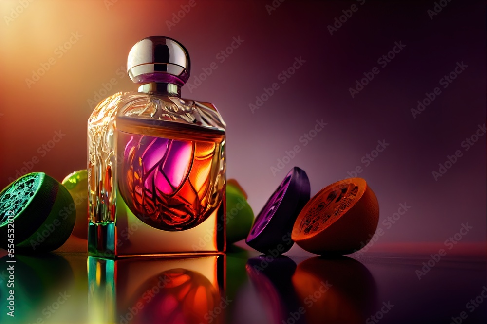 Poster a bottle of perfume sitting on top of a table next to some colorful objects on a table top with a pu