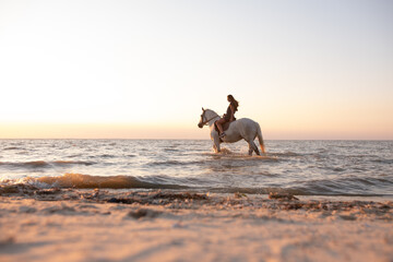 portrait of a long-haired girl on a horse in the sea on a sandy beach