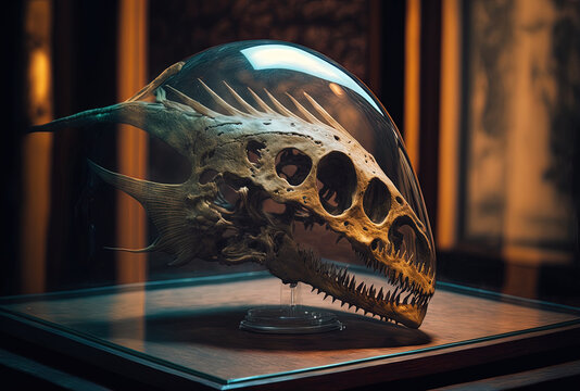 An Old Predatory Animal's Skull Is Displayed In A Glass Case In The Museum. Generative AI