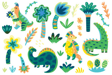 Dinosaurs and trees set in childish style