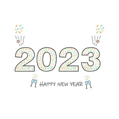 New year 2023 lettering illustration and vector with fireworks and celebratory glasses