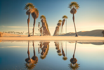 Vertical image of a sandy beach with palm palms reflected in it. Generative AI