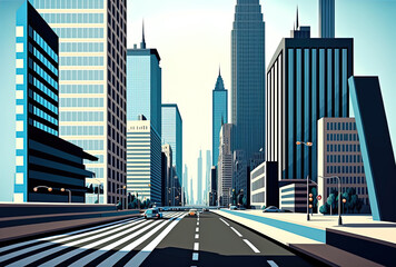 Skyscrapers, traffic lights, and zebra stripes are all part of the city's infrastructure. a view of the city's commercial area and buildings. Metropolitan skyline vista outside. realistic carto
