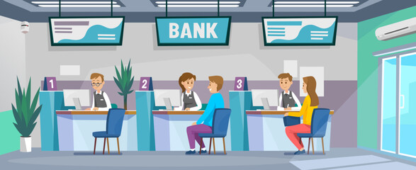Fototapeta premium Bank office interior design with customers, a man, and a woman, sitting at teller's desk. The finance department works with clients. Money deposit or withdrawal. Cartoon style vector illustration.
