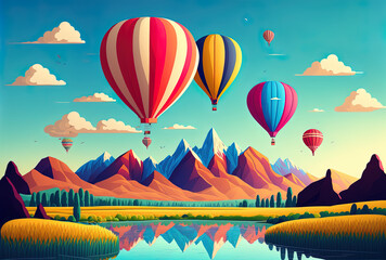 Hot air balloons soaring in a clear sky above a pond, a grassy landscape, and mountain ranges. Summertime beauty in nature, flight of an aerostat carrying baskets and sand bags, and a cartoon image of