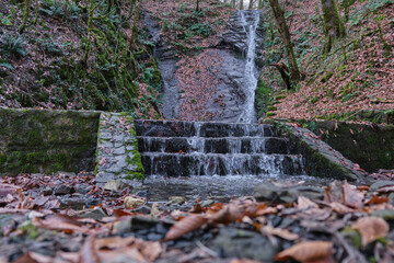 Waterfall in the forest flows down the stone steps
