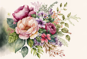 A bouquet of flowers may be utilized as a backdrop for a summer getaway, wedding, or birthday invitation. Illustration in watercolor. Generative AI