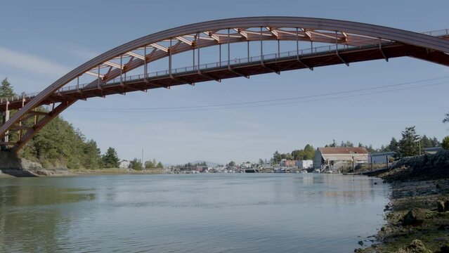 La Conner Washington Rainbow Bridge Over Swinomish Channel - Time Lapse of Traffic Crossing the Steel Arch Overpass