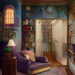fantasy room with books and sofa