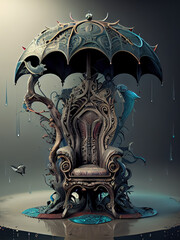Fantasy scene with a throne umbrella and rain