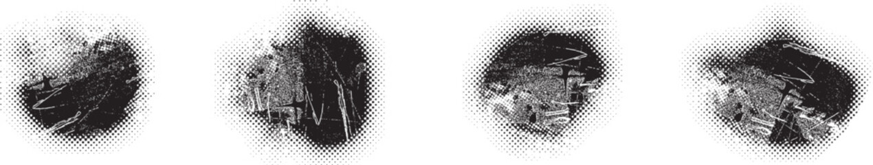 Glitch distorted grungy abstract forms . Blob shape organic. Template for presentation, banner . Fluid isolated shape .Grunge textured . Liquid vector shapes with halftone dots .Screen print texture