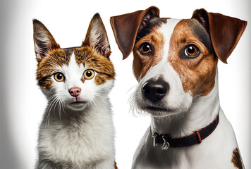 Jack Russell Terrier dog and Scottish Straight cat portrait, both in good spirits, on a white backdrop. Generative AI