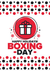 Boxing Day. Day after Christmas Day, when gifts are given! This holiday is associated with shopping and sporting events. Celebrated annually in the Great Britain on December 26th. Vector illustration
