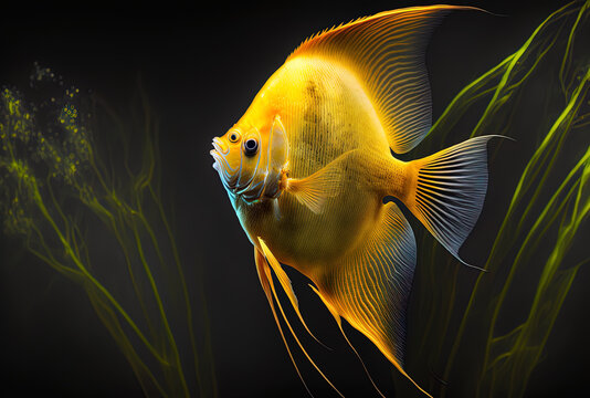 Yellow angelfish, Pterophyllum scalare, in aquarium water. Generative AI