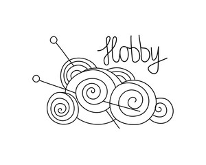 Fototapeta premium Skeins of yarn for knitting and lettering. Line art. logo, badge. Drawing, Handmade, hobby, needlework. Abstract ball of thread and knitting needles. Vector illustration. Background isolated.