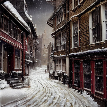 AI Generated Image of a Victorian Street Covered in Snow for Christmas cards, Generative AI