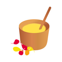 Ghee butter in wooden cup vector illustration isolated on white background. Asian clarified oil Traditional Indian cooking ingredient. Clip art element with flower petals
