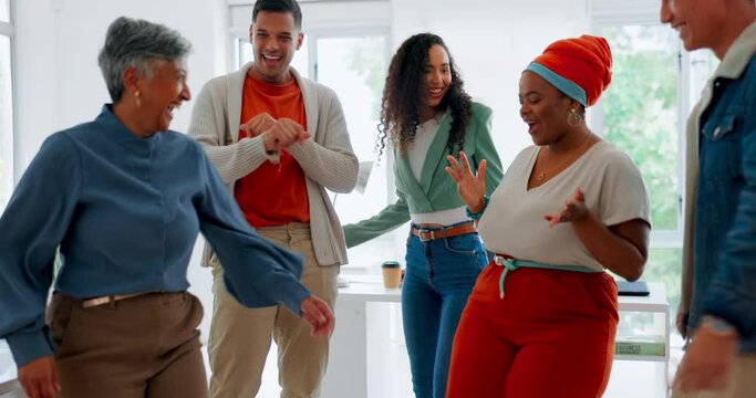 Business people, dancing and celebrate diversity in office for success, happiness and team building together. Small business achievement, laughing and happy dance celebration or comic dance laughing