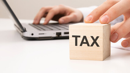 TAX - text wooden block on white table background. Idea, strategy, advertising, marketing, keyword...