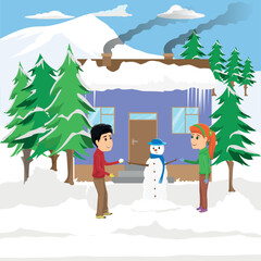boy and girl making snowman in front of the house in winter