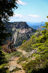 Fototapeta na wymiar Hiking path in Oregon's Cascade Mountain Range with evergreen trees lining the landscape 