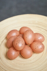 Eggs set. Many food protein. Brown on background. Hard shadow. Easter sun. Color decorative paint art. Traditional cuisine top view. Flatlay