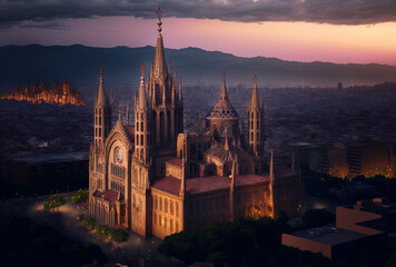 Aerial image of the Sagrat Cor temple and the skyline of Barcelona, Spain, at dusk. Generative AI
