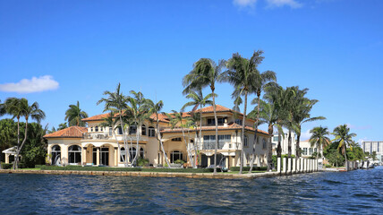 Beautiful corner waterfront home in Fort Lauderdale, Florida, USA. - obrazy, fototapety, plakaty