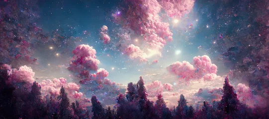 Gordijnen illustration of an abstract fantasy landscape in pink with fluffy clouds and bright stars over a forest © Claudia Nass