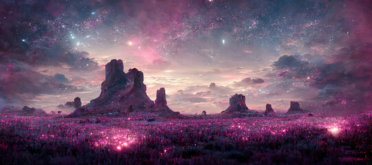illustratie van een abstract fantasielandschap in roze met nachtelijke hemel met heldere sterren, gloeiende aarde rond bergen