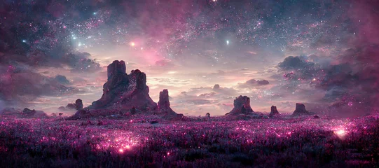Tuinposter illustratie van een abstract fantasielandschap in roze met nachtelijke hemel met heldere sterren, gloeiende aarde rond bergen © Claudia Nass