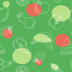 Pattern vector seamless abstract fruits. Outline drawing in doodle style. Icons juicy fruits whole and slices. Vector color illustration.