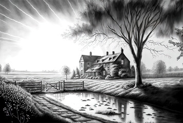 Countryside early morning landscape drawing. Generative AI